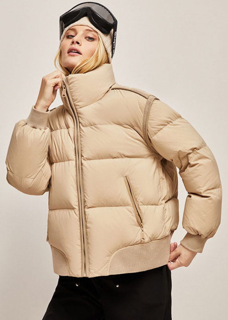 Fashion Khaki Stand Krave Zip Up Thick Duck Down Puffer Jacket Vinter