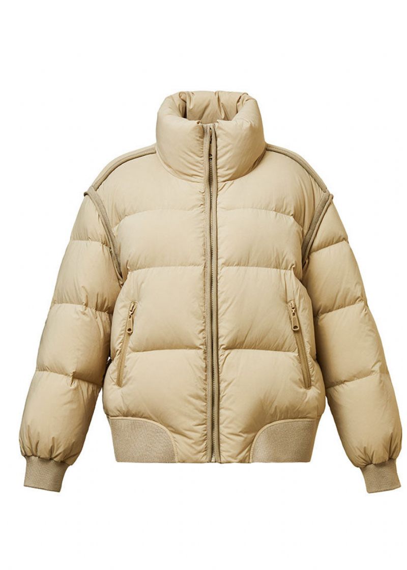 Fashion Khaki Stand Krave Zip Up Thick Duck Down Puffer Jacket Vinter - Kaki