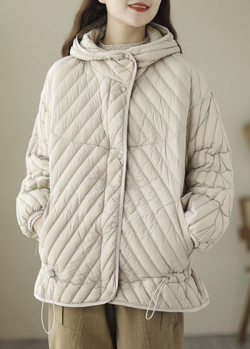 Fin Beige Hætte Snøre Duck Down Puffer Coat Vinter