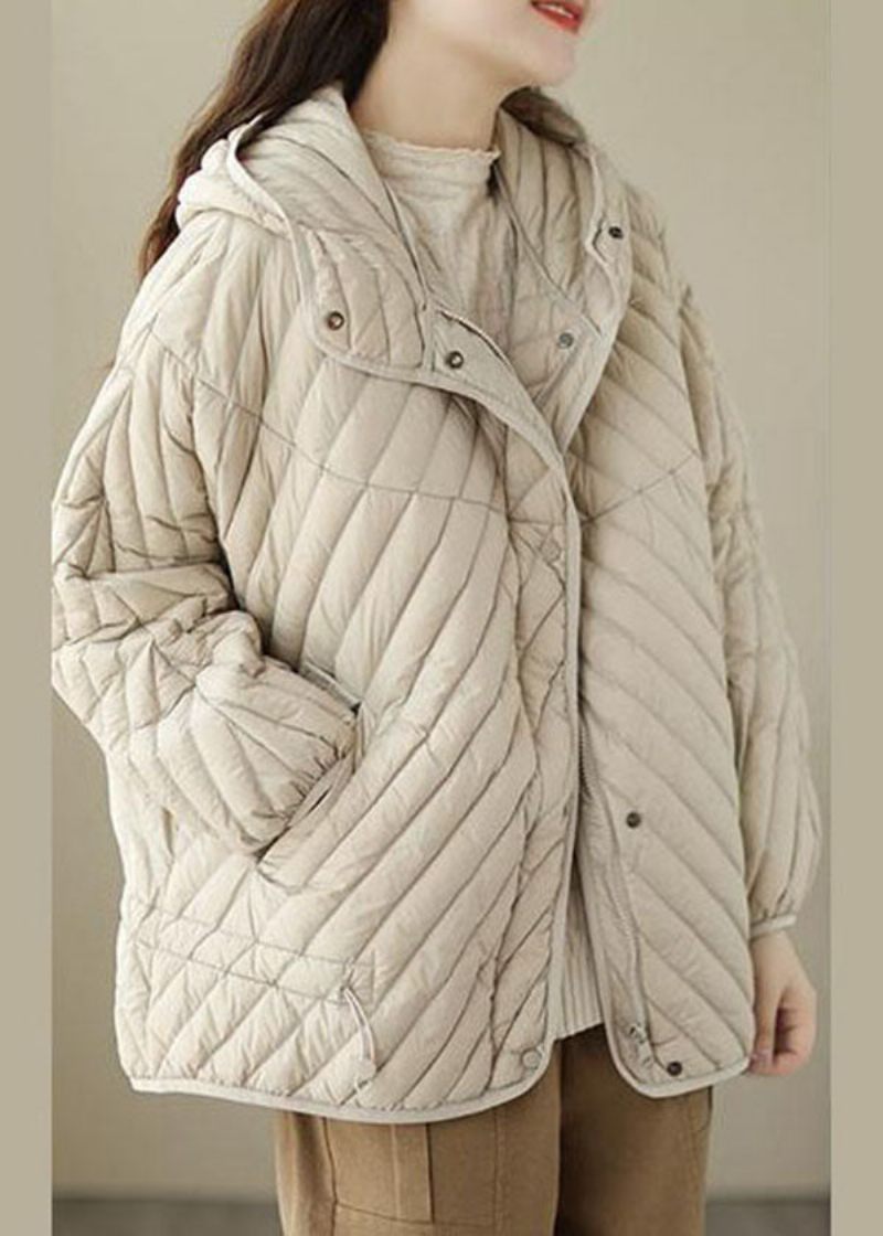 Fin Beige Hætte Snøre Duck Down Puffer Coat Vinter - Dame dunjakker