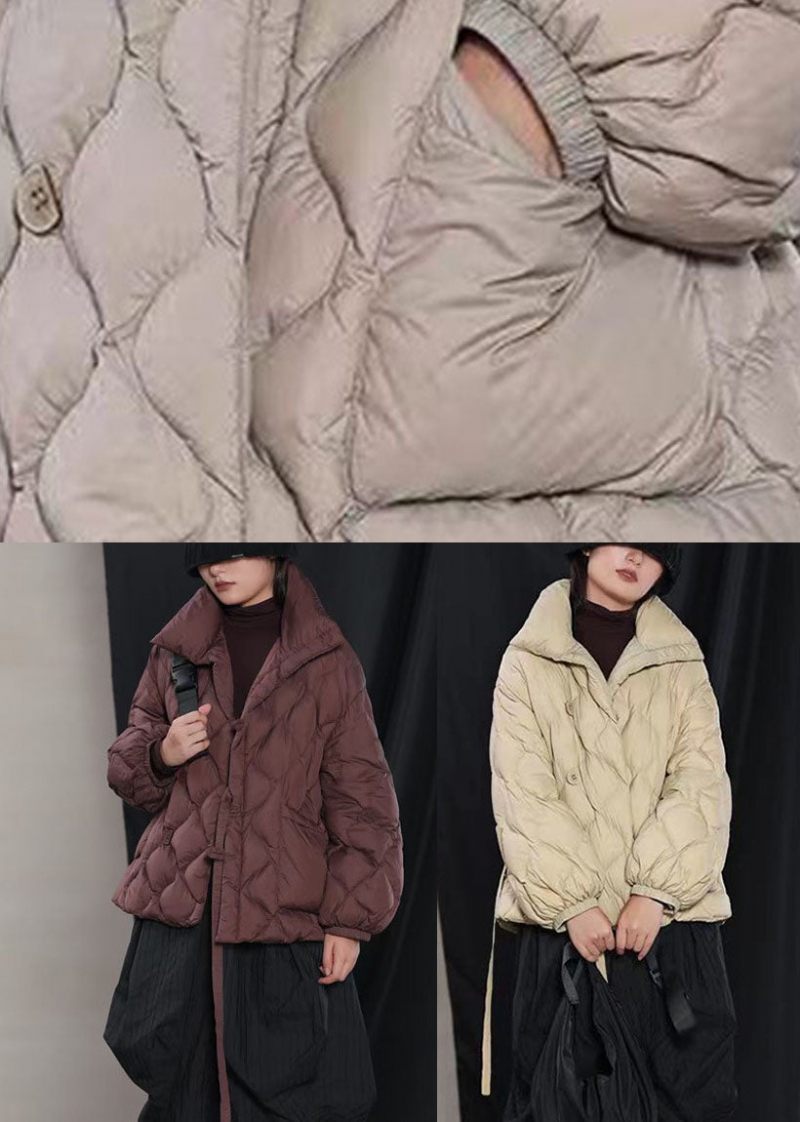 Fin Khaki Løs Stand Krave Lommer Vinter Duck Down Puffer Coat - Grå