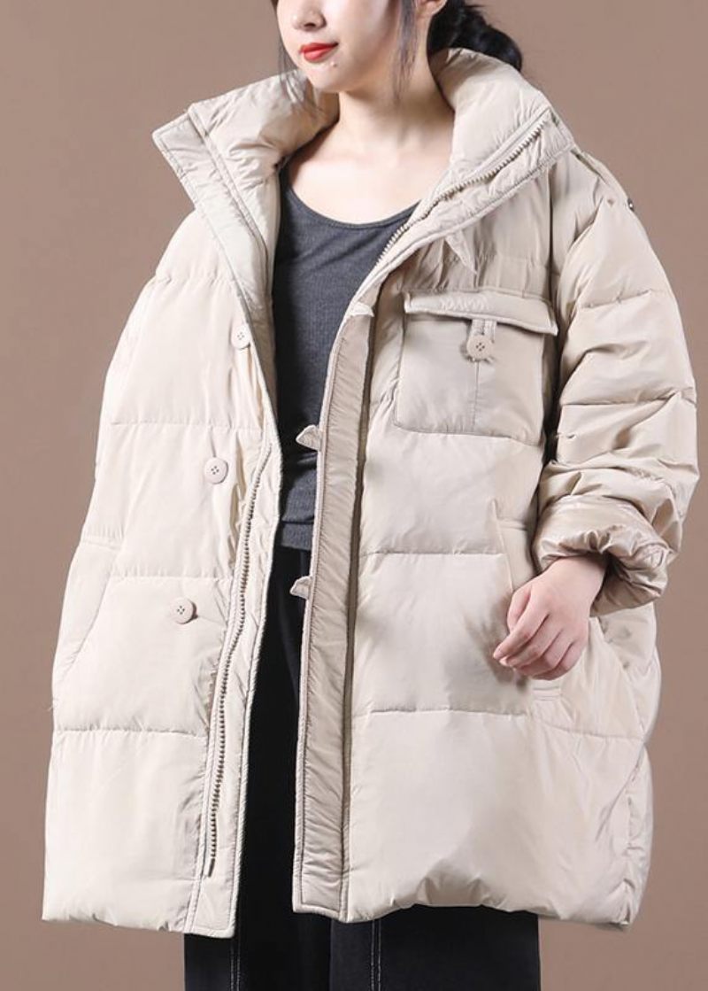 Fin Khaki Plus Size Tøj Parka Hætte Med Lynlås Elegant Vinter Outwear - Sort