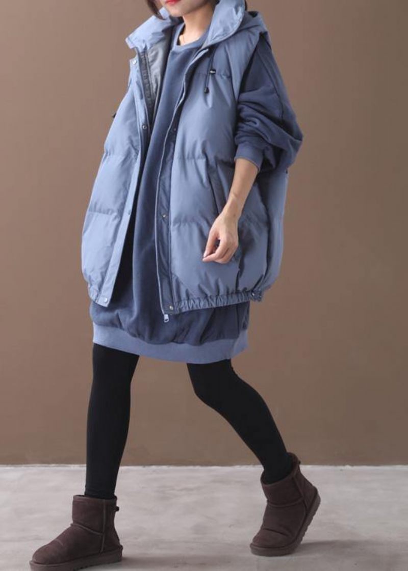 Fint Blåt Casual Outfit Plus Size Tøj Med Hætte Uden Ærmer Vinter Outwear - Blå