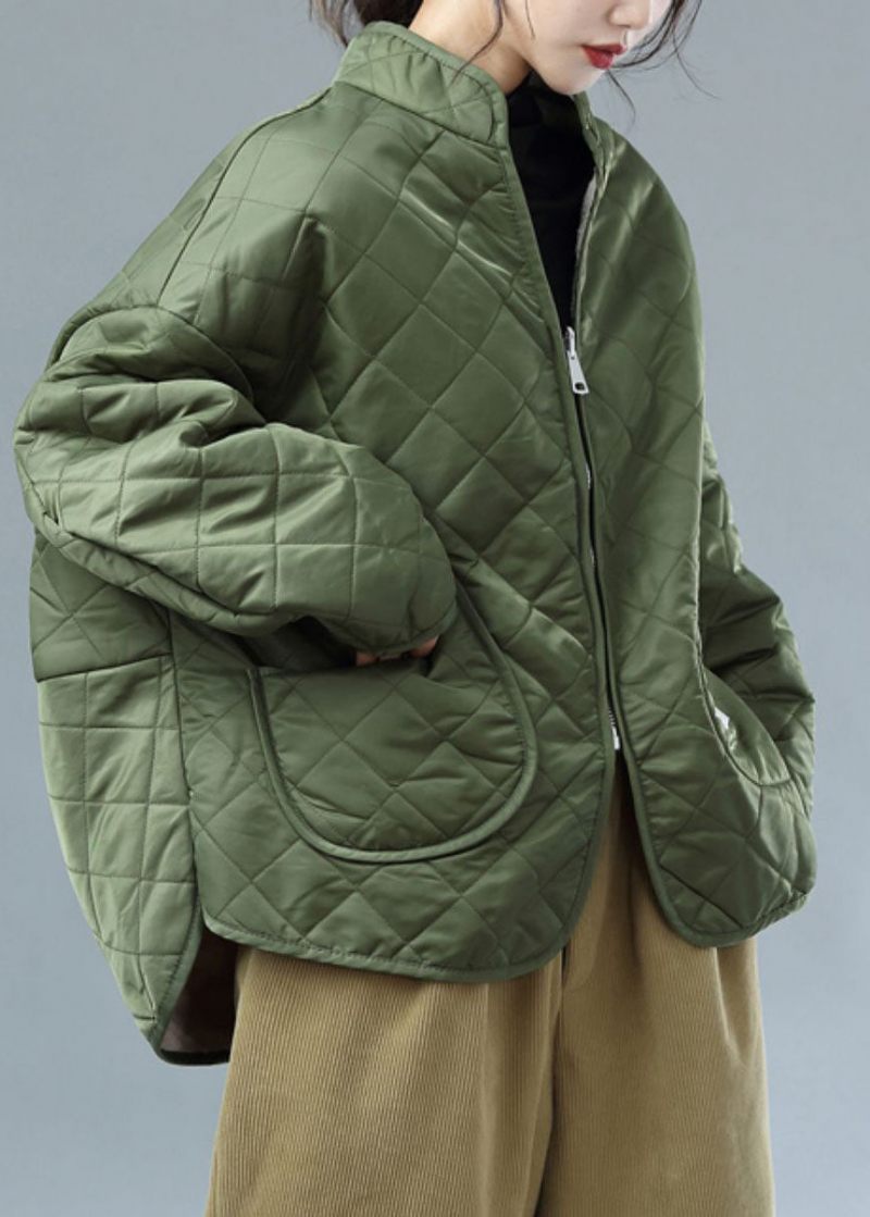 Fransk Army Green Zip Up Bær På Begge Sider Fleece Uld Foret Jakker Vinter - Dame dunjakker