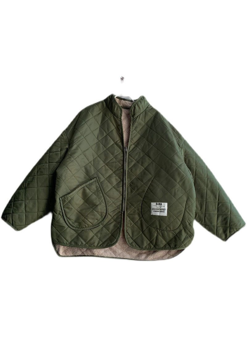 Fransk Army Green Zip Up Bær På Begge Sider Fleece Uld Foret Jakker Vinter - Dame dunjakker