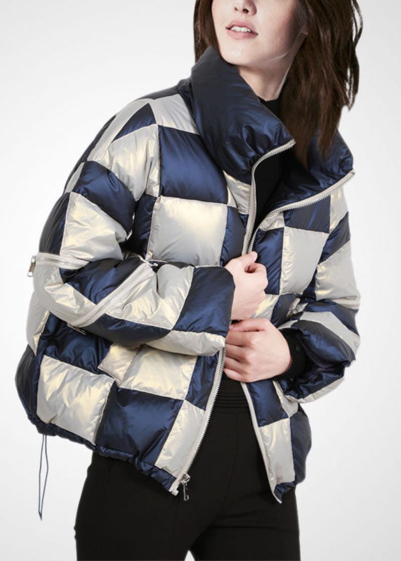 Fransk Colorblock Stand Krave Zip Up Snøre Plaid Duck Down Pufferjakke Vinter