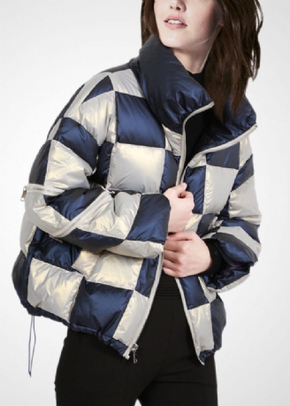 Fransk Colorblock Stand Krave Zip Up Snøre Plaid Duck Down Pufferjakke Vinter