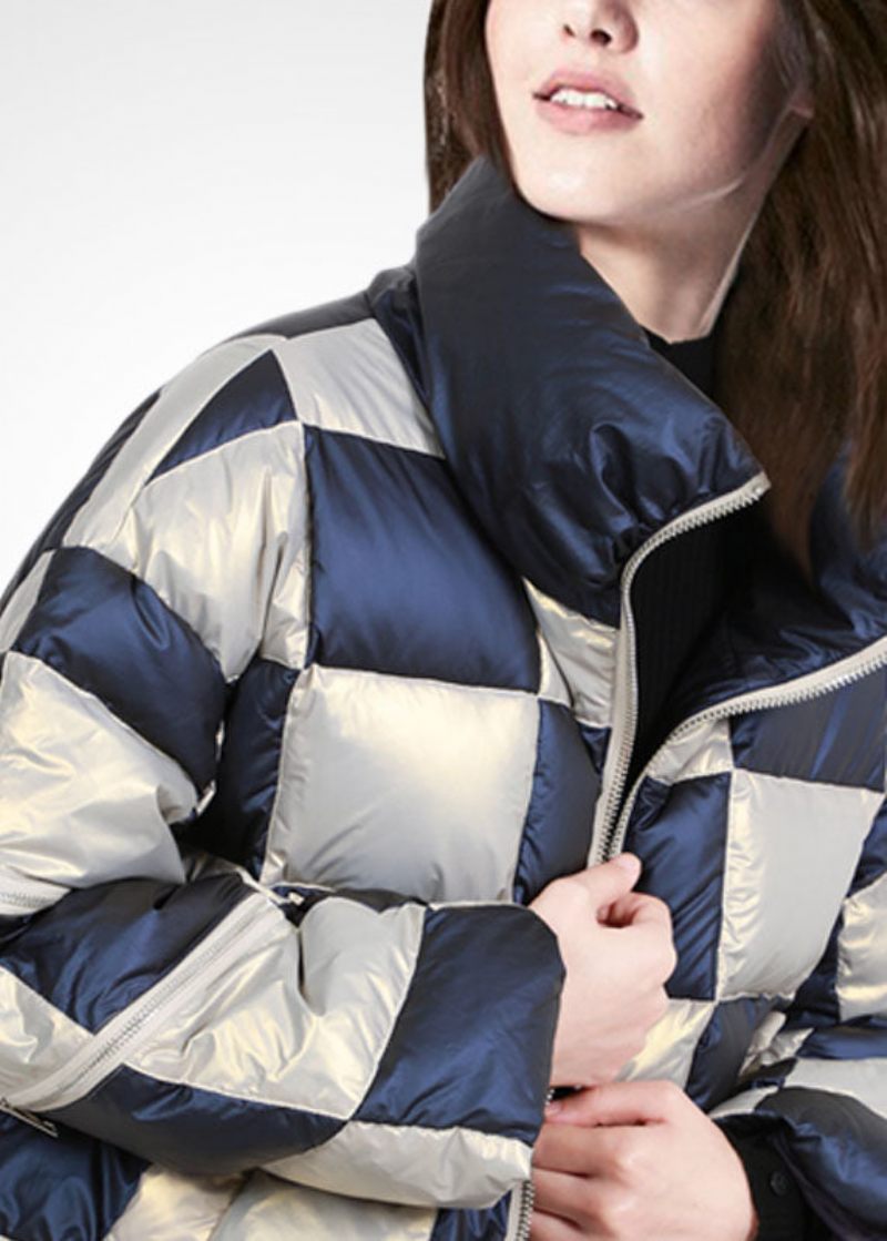 Fransk Colorblock Stand Krave Zip Up Snøre Plaid Duck Down Pufferjakke Vinter - Dame dunjakker