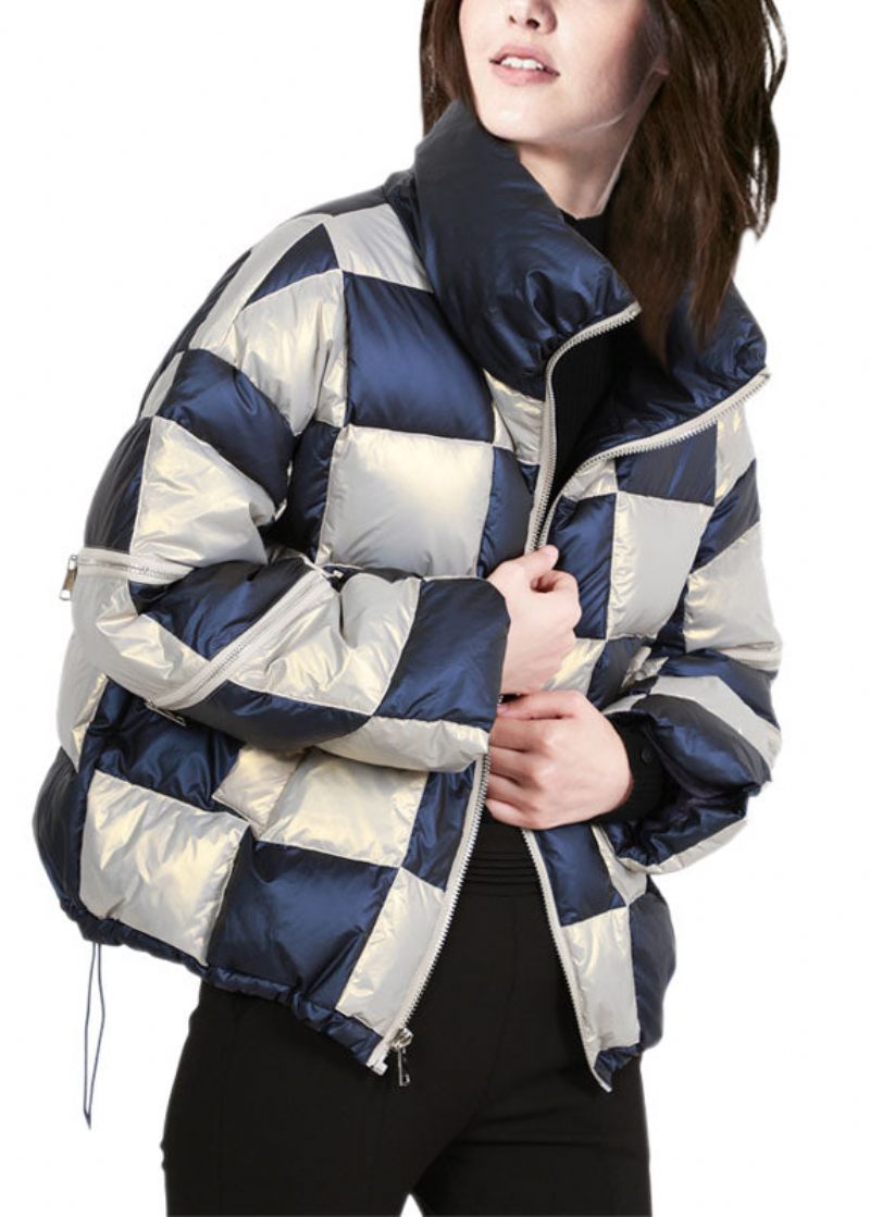 Fransk Colorblock Stand Krave Zip Up Snøre Plaid Duck Down Pufferjakke Vinter - Dame dunjakker