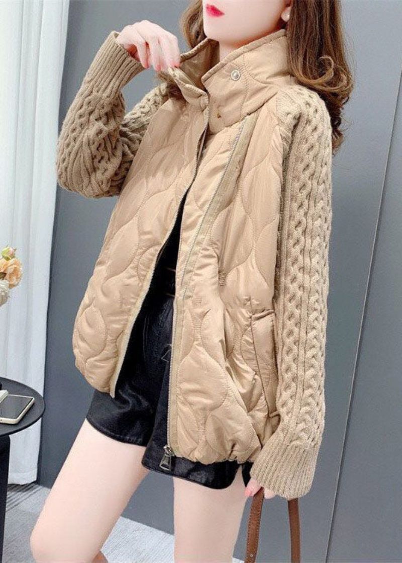 Fransk Khaki Stand Krave Zip Up Strik Patchwork Fin Bomuld Fyldt Frakke Vinter - Dame dunjakker