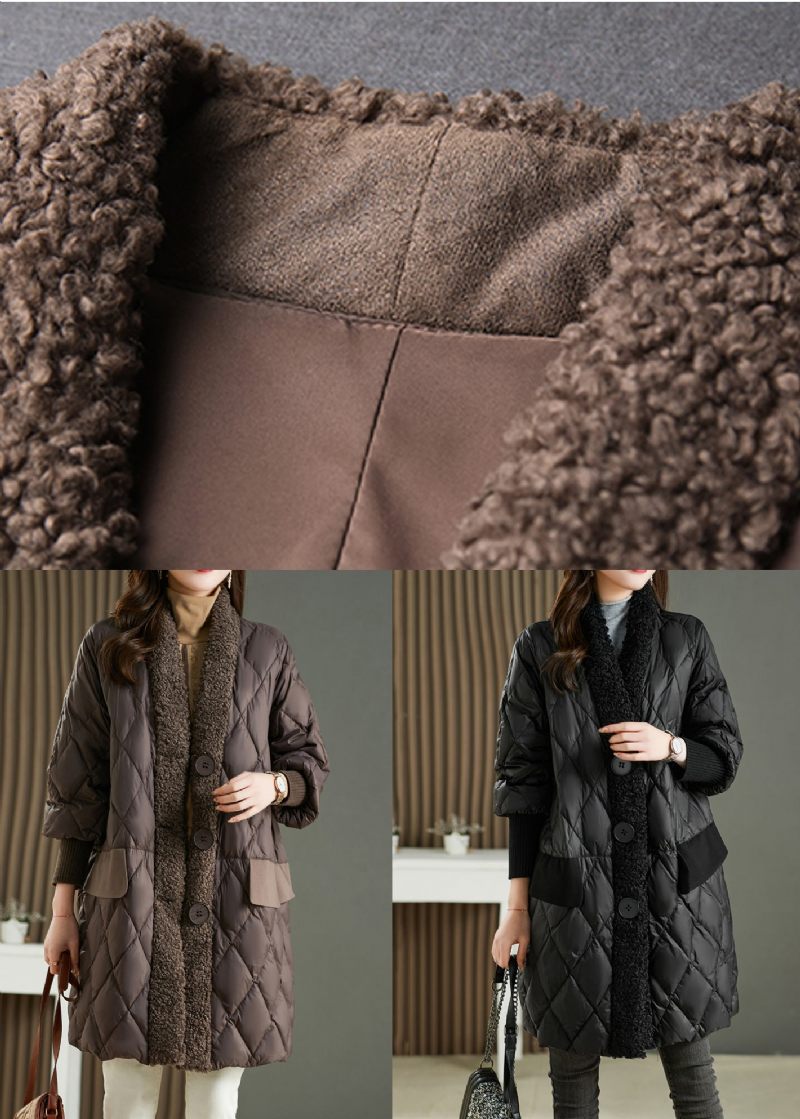 Franske Sorte Lommer Teddy Imiteret Pels Patchwork Andedun Parka Vinter - Dame dunjakker