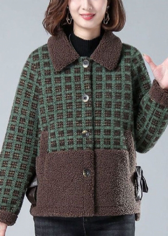 Grøn Plaid Varm Faux Fur Coats Sløjfe Lommer Vinter