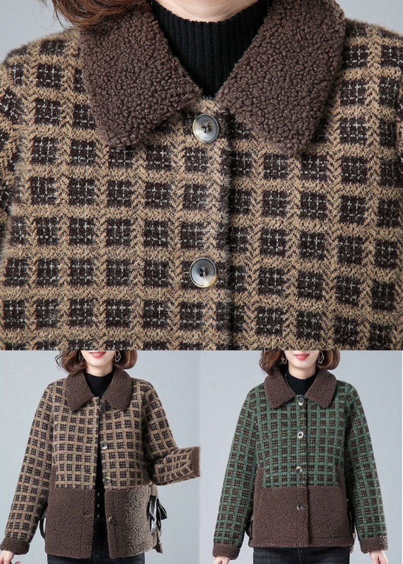 Grøn Plaid Varm Faux Fur Coats Sløjfe Lommer Vinter - Grøn