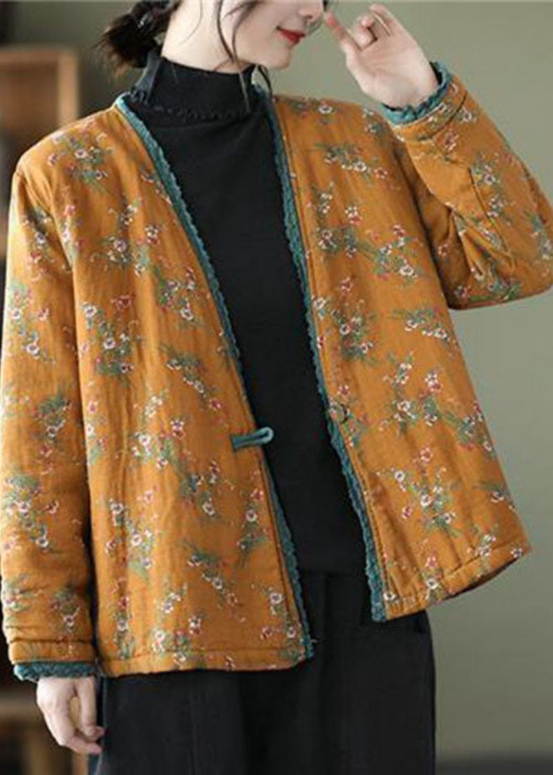 Gul Patchwork Blonde Fint Bomuld Fyldt Cardigan V-hals Print Vinter - Dame dunjakker