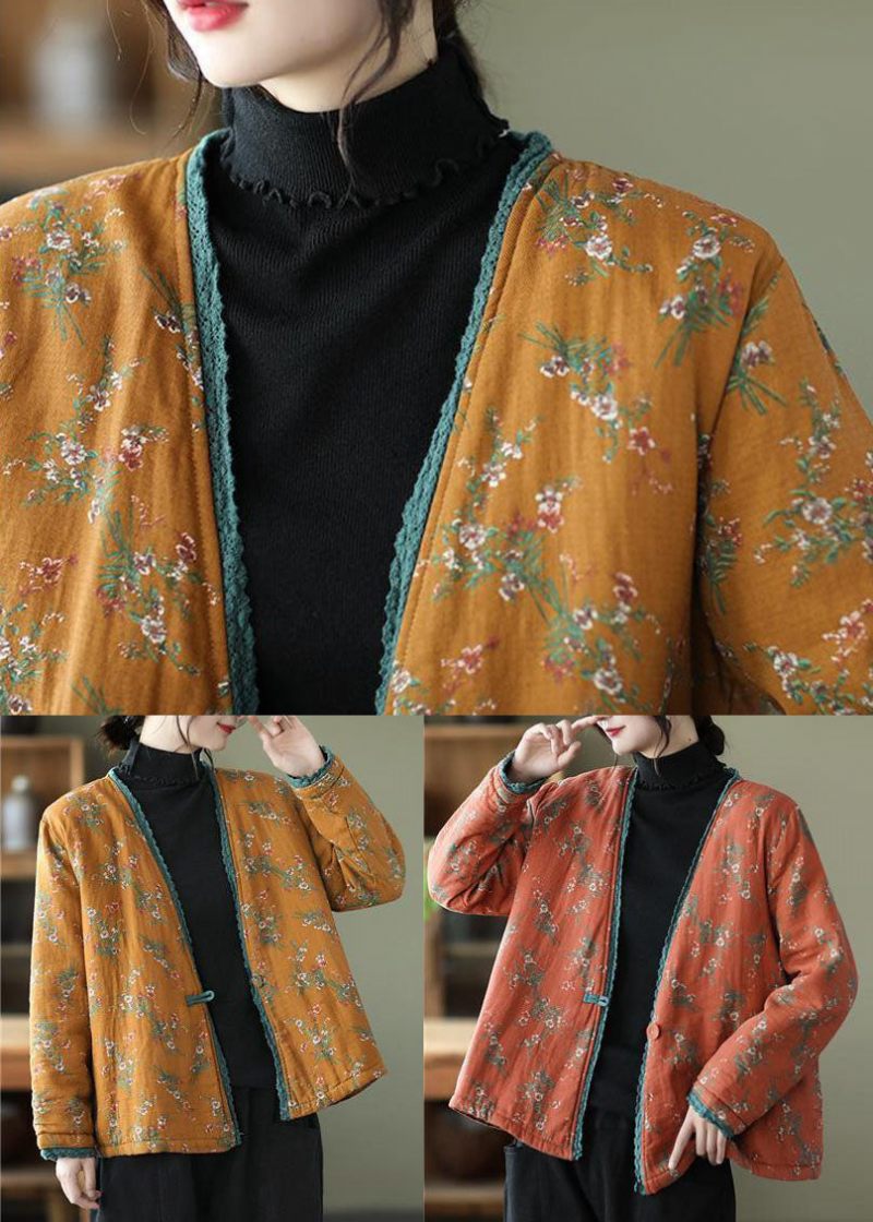 Gul Patchwork Blonde Fint Bomuld Fyldt Cardigan V-hals Print Vinter - Dame dunjakker