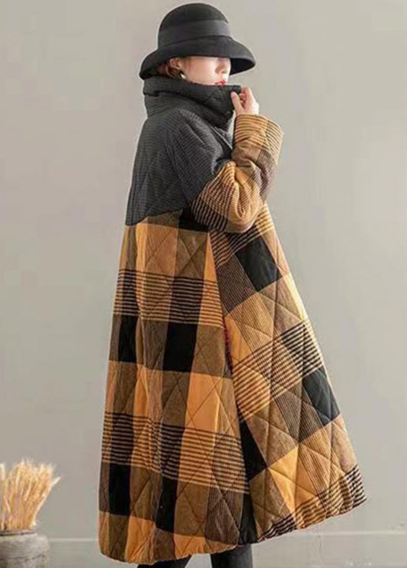 Gule Lommer Plaid Patchwork Fine Bomuldsfyldte Frakker Knap Vinter - Dame dunjakker