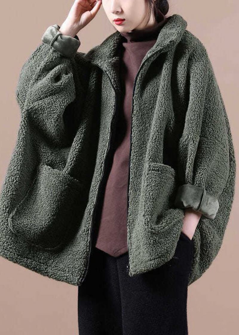 Italiensk Army Green Oversized Teddy Faux Fur Coat Med Lynlås