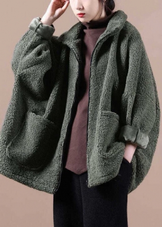 Italiensk Army Green Oversized Teddy Faux Fur Coat Med Lynlås