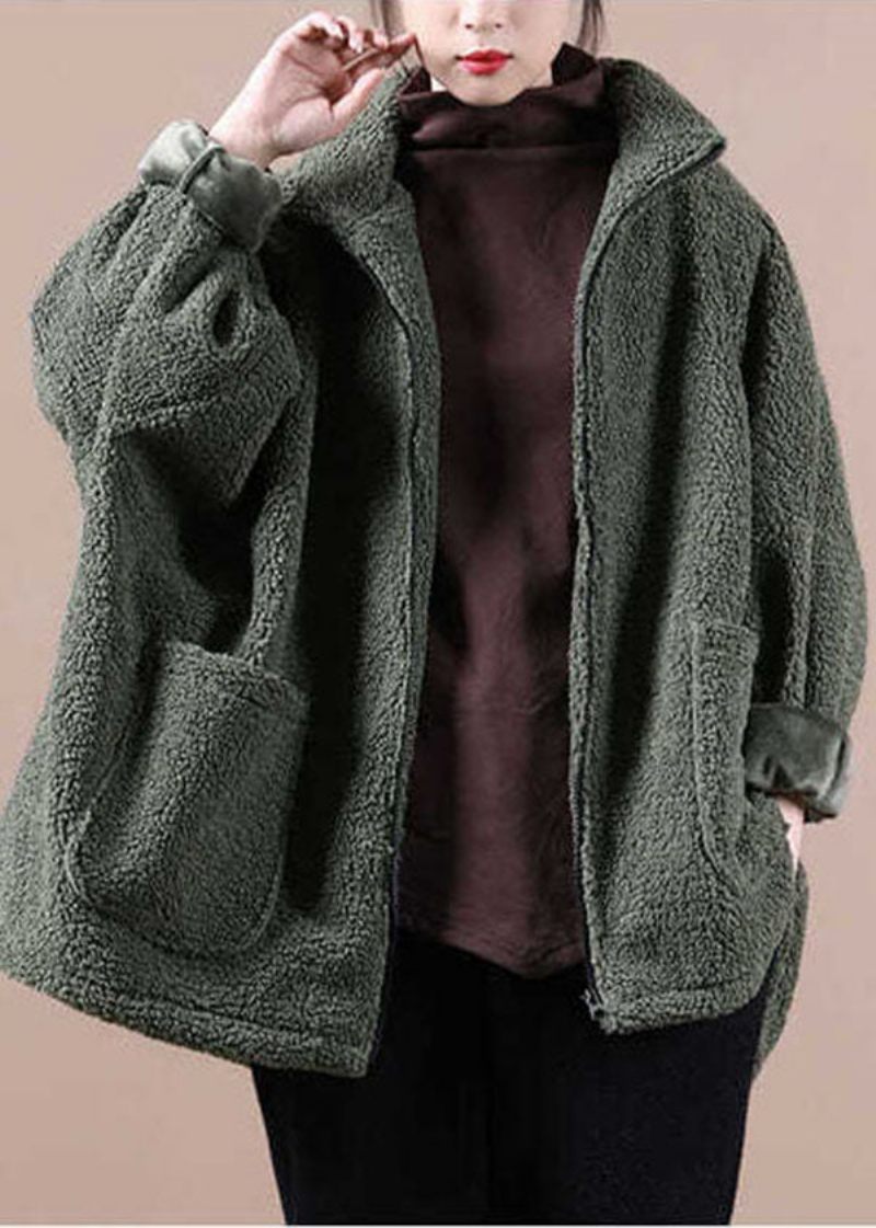 Italiensk Army Green Oversized Teddy Faux Fur Coat Med Lynlås - Army Green