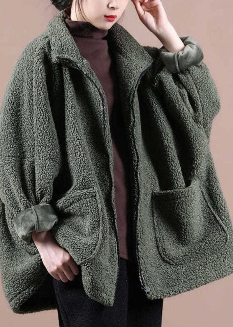 Italiensk Army Green Oversized Teddy Faux Fur Coat Med Lynlås - Army Green