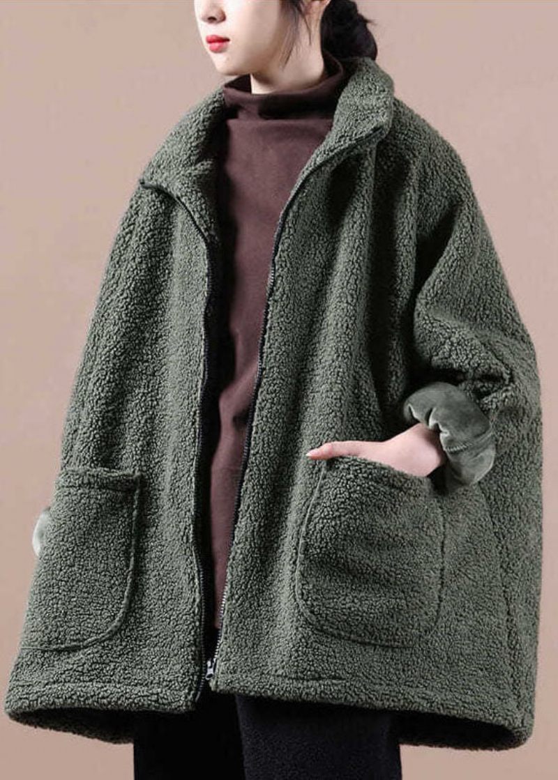 Italiensk Army Green Oversized Teddy Faux Fur Coat Med Lynlås - Army Green