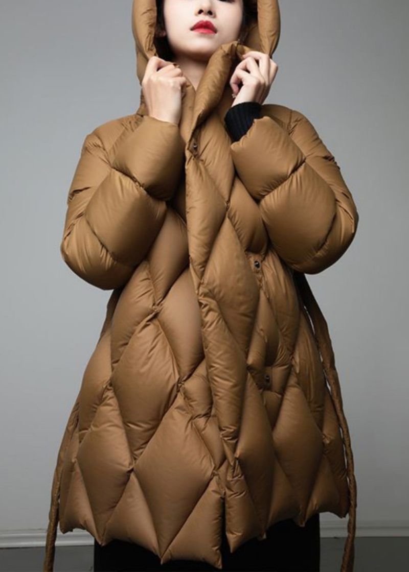 Italiensk Brun Hætte Slips Talje Duck Down Puffer Coat Vinter