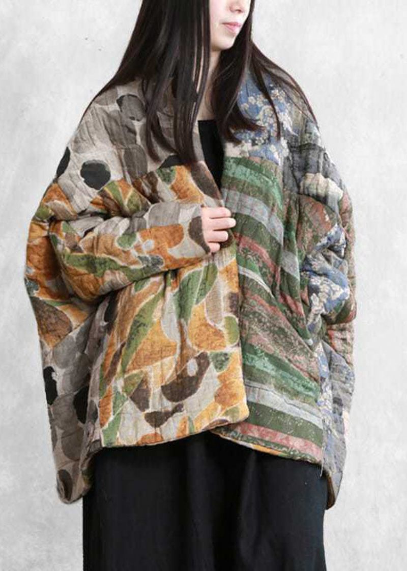 Italiensk Colorblock Oversized Patchwork Print Fine Bomuldsfyldte Parkaer Vinter - Dame dunjakker