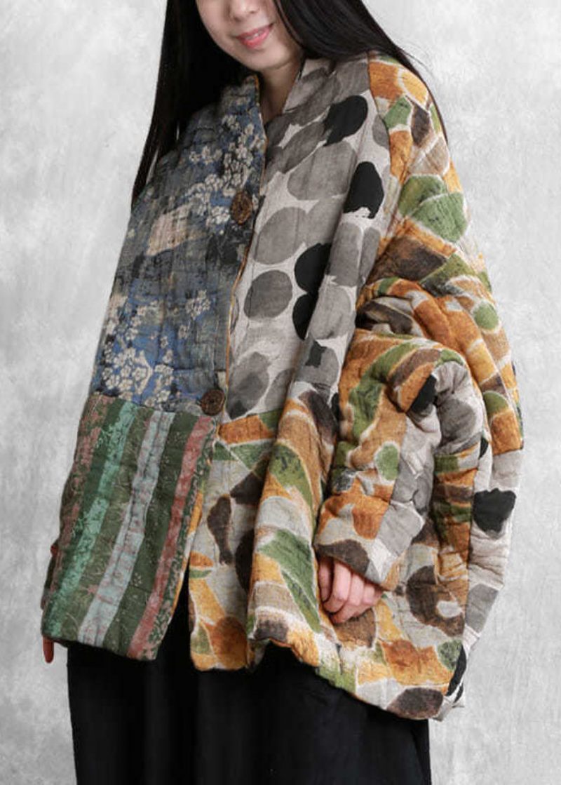 Italiensk Colorblock Oversized Patchwork Print Fine Bomuldsfyldte Parkaer Vinter - Dame dunjakker