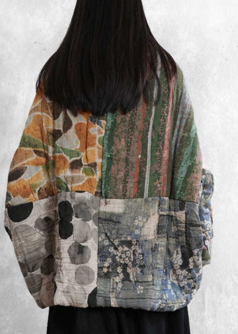 Italiensk Colorblock Oversized Patchwork Print Fine Bomuldsfyldte Parkaer Vinter - Dame dunjakker