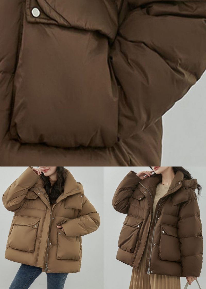 Khaki Button Patchwork Duck Down Coat Langærmet Hætte - Dame dunjakker