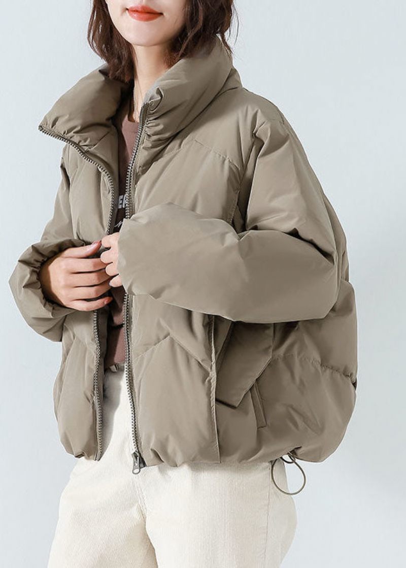 Khaki Duck Down Puffer Jakke Stativ Krave Zip Up Snøre Langærmet