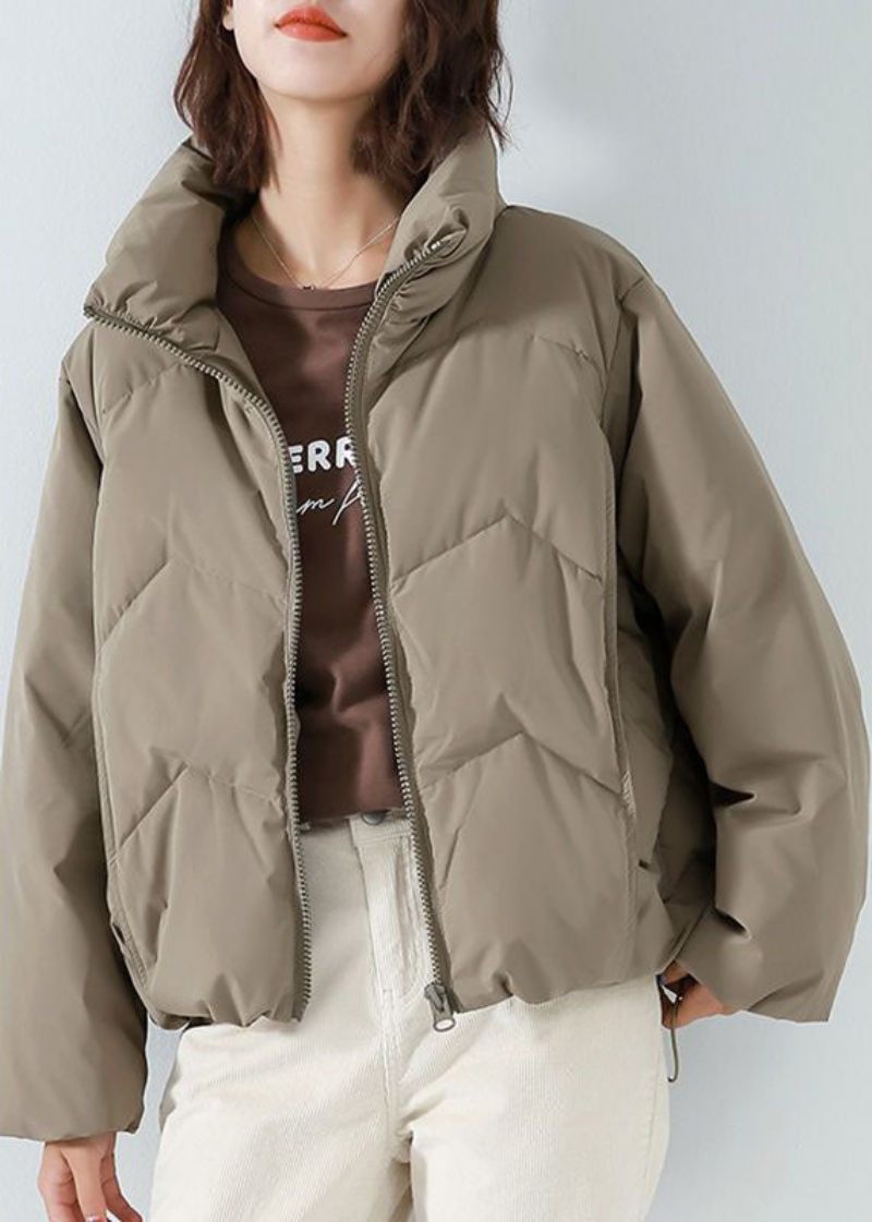 Khaki Duck Down Puffer Jakke Stativ Krave Zip Up Snøre Langærmet - Kaki