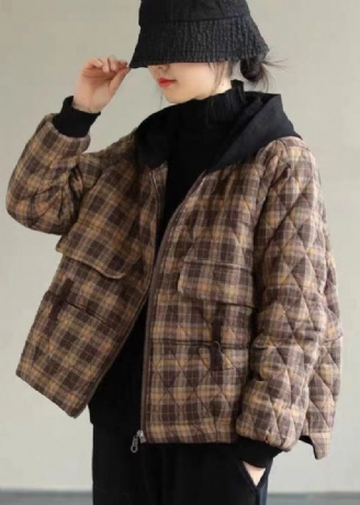 Khaki Plaid Fine Bomuld Fyldt Puffers Jakker Zip Up Winter