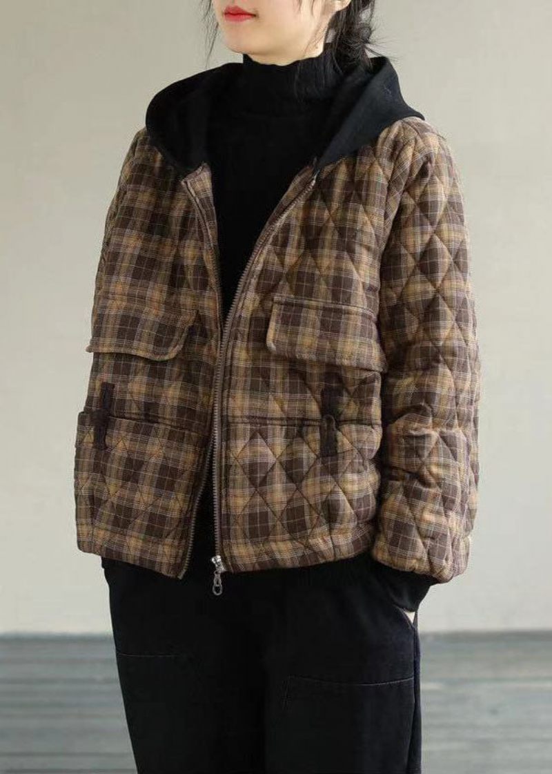 Khaki Plaid Fine Bomuld Fyldt Puffers Jakker Zip Up Winter - Kaki