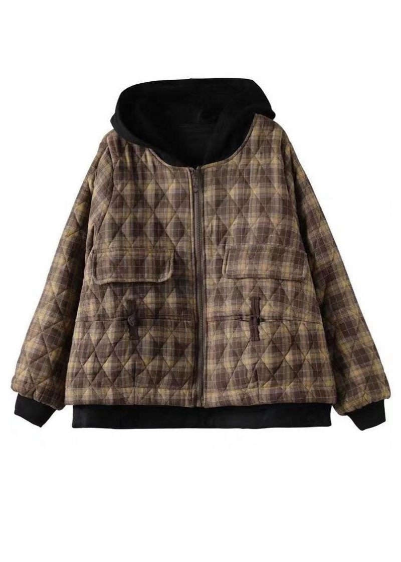 Khaki Plaid Fine Bomuld Fyldt Puffers Jakker Zip Up Winter - Kaki