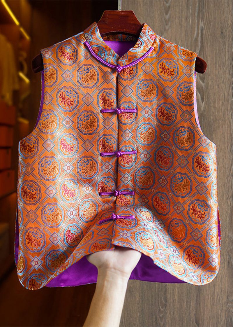 Kinesisk Stil Orange Broderet Knap Patchwork Silke Vest Efterår