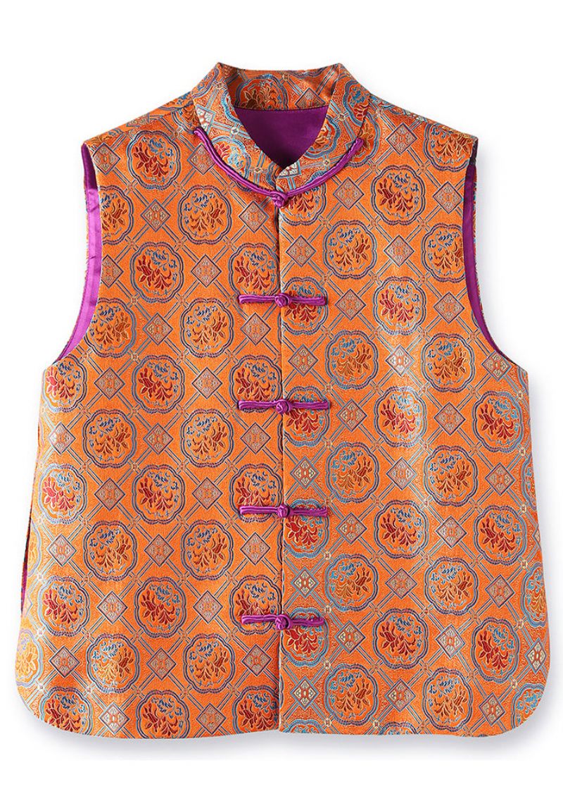 Kinesisk Stil Orange Broderet Knap Patchwork Silke Vest Efterår - Dame dunjakker