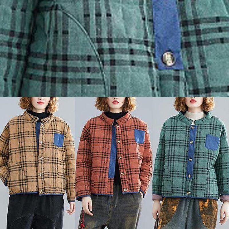 Klassisk Patchworktøj Med Standkrave Til Kvinder Runway Kaki Plaid Toppe - Khaki