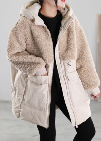 Kvinder Beige Zip Up Patchwork Faux Fur Dunfrakke Vinter