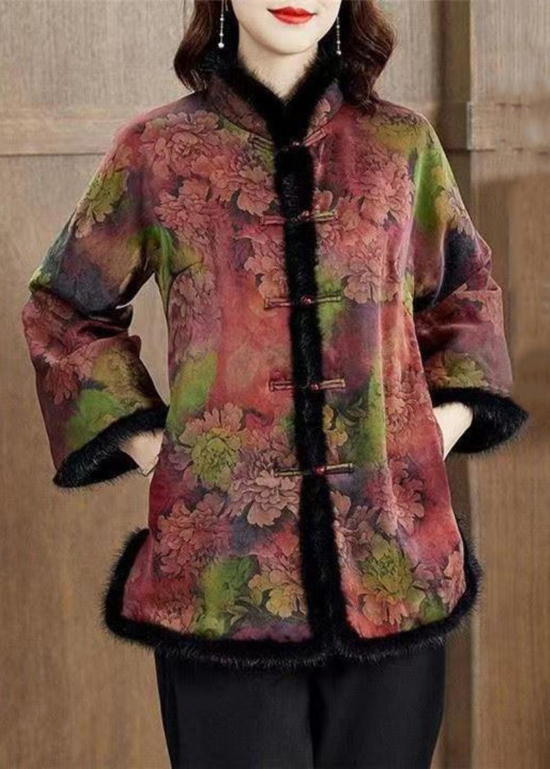 Kvinder Colorblock Pelskrave Print Lommer Fleece Coat Vinter