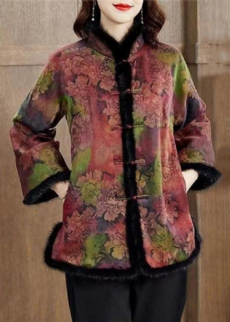 Kvinder Colorblock Pelskrave Print Lommer Fleece Coat Vinter