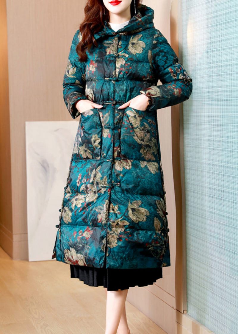 Kvinder Green Print Lommer Kinesisk Button Duck Down Puffers Frakke Vinter - Dame dunjakker