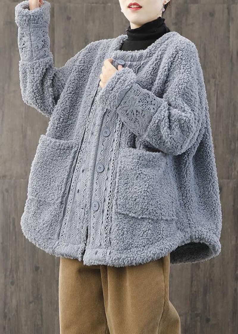 Kvinder Lyseblå O-hals Oversized Blonde Patchwork Teddy Imiteret Pelsfrakker Vinter