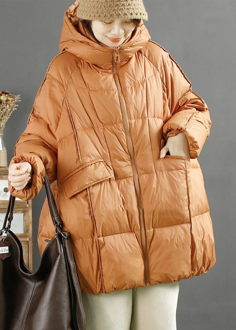 Kvinder Orange Hætte Oversized Duck Down Jacket Vinter - Dame dunjakker