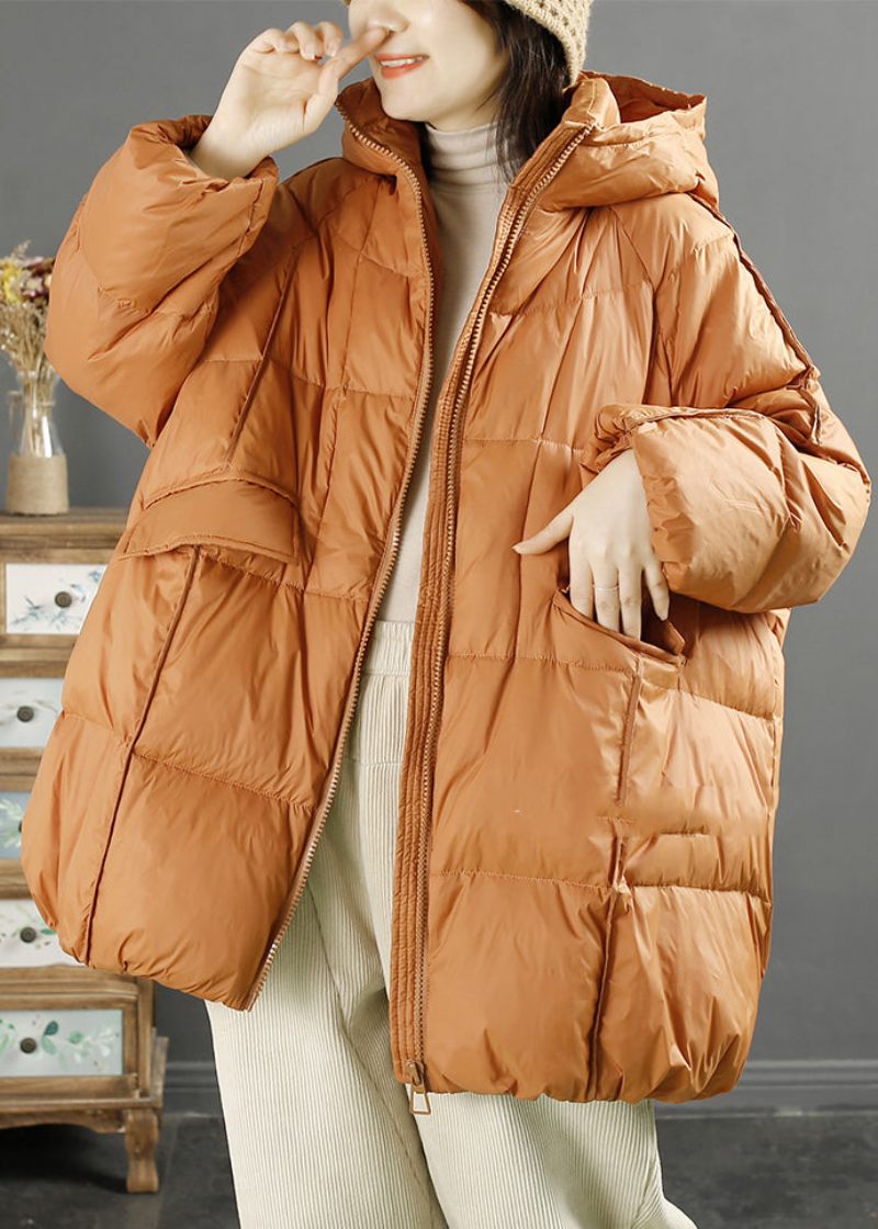 Kvinder Orange Hætte Oversized Duck Down Jacket Vinter - Dame dunjakker