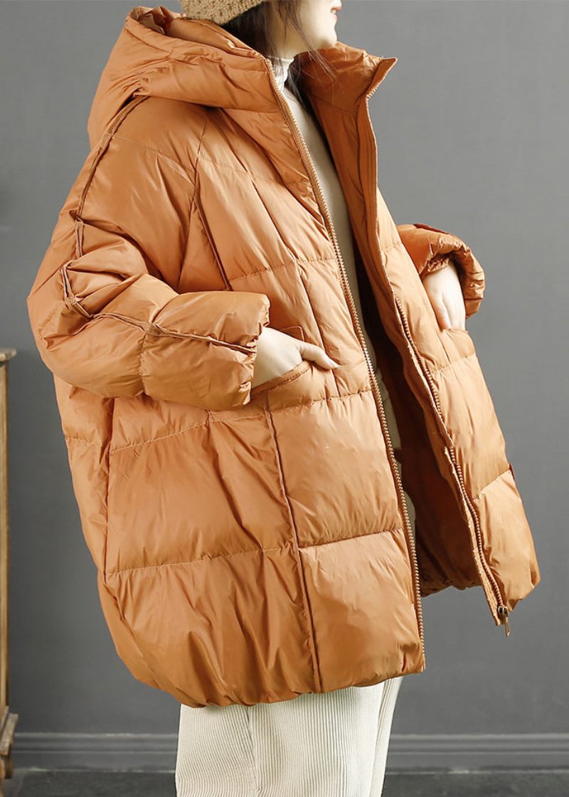 Kvinder Orange Hætte Oversized Duck Down Jacket Vinter - Dame dunjakker