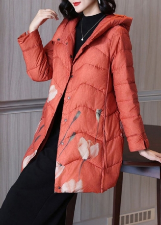 Kvinder Orange Print Hooded Button Duck Down Parka Winter