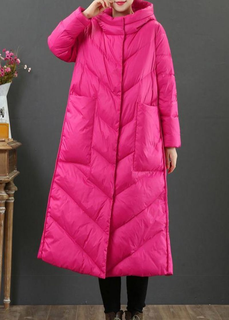 Kvinder Oversize Trenchcoat Vinterfrakke Rose Hætte Lommer Woolen Coat - Rose