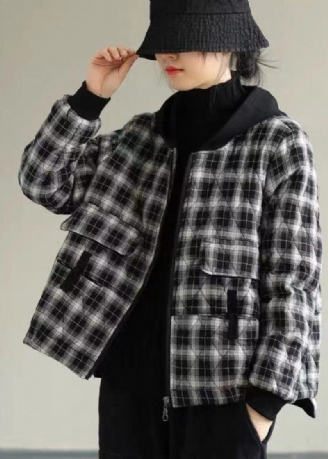 Kvinder Sort Plaid Hooded Fine Bomuld Fyldt Puffers Jakker Vinter