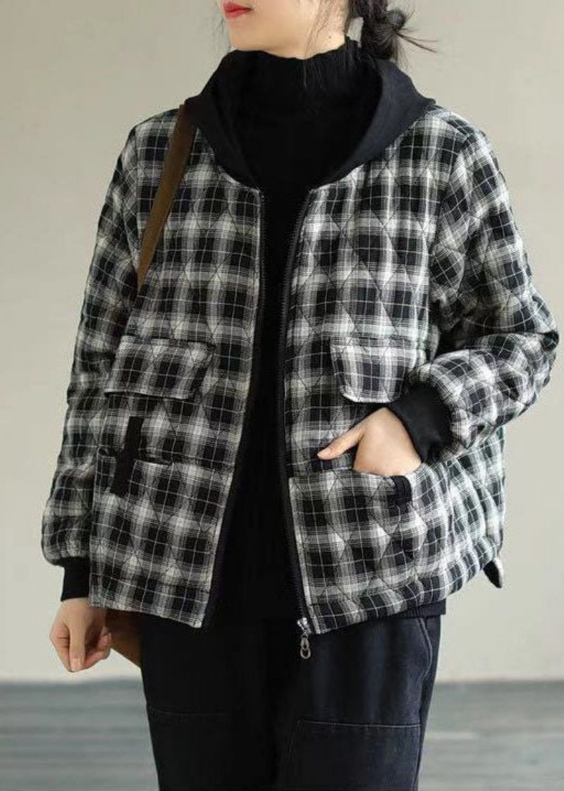 Kvinder Sort Plaid Hooded Fine Bomuld Fyldt Puffers Jakker Vinter - Sort